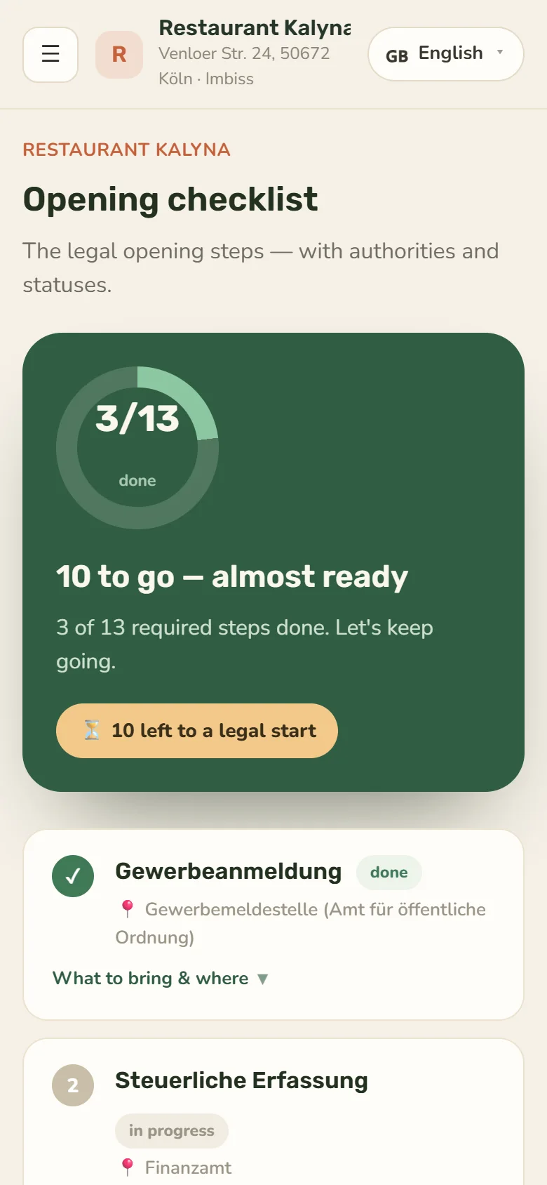Café opening checklist in the Servio app: steps with offices and statuses, 3 of 13 done