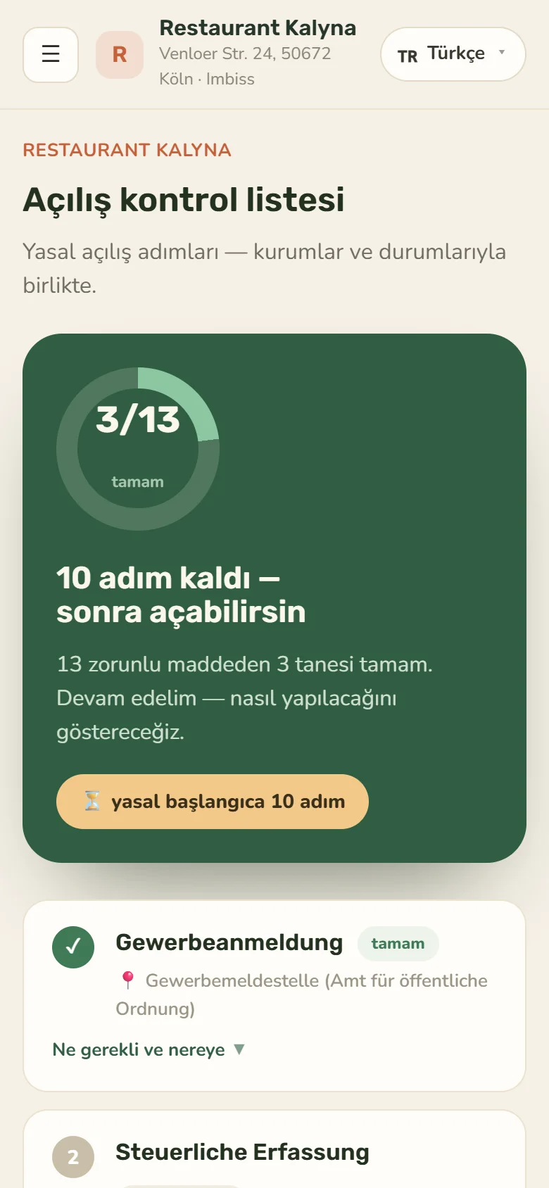 Servio uygulamasında kafe açılış kontrol listesi: daireler ve durumlarla adımlar, 13'te 3 tamam