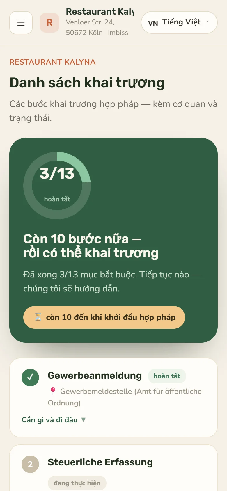 Danh sách khai trương quán cà phê trong ứng dụng Servio: các bước với cơ quan và trạng thái, xong 3/13
