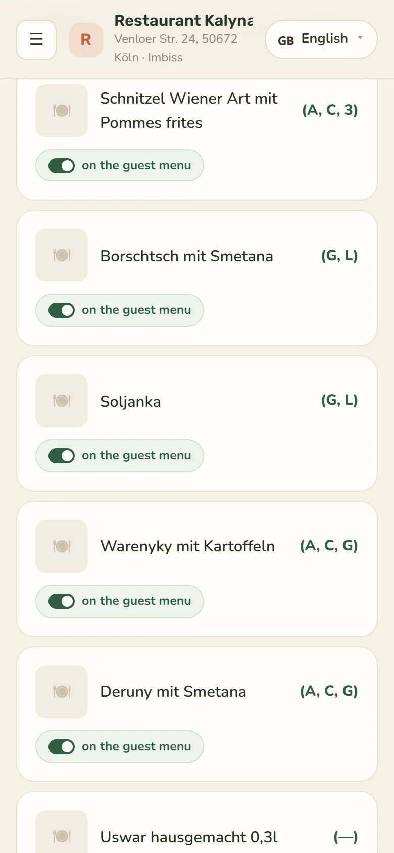 Menu in the Servio app: dishes with allergen codes calculated automatically from recipes